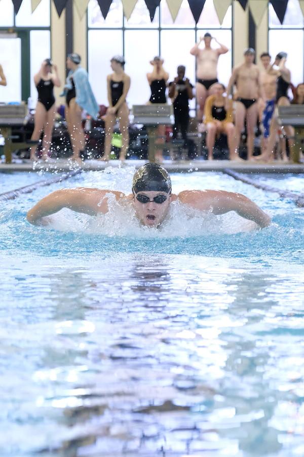 A male swimmer doing the breast stroke with a crowd of onlookers cheering him on the side of the pool behind him.